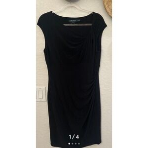 Ralph Lauren Black Asymmetrical Collar Ruched Dress size 14